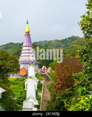 The royal stupa and pagoda dedicated to the king and queen of Thailand in Doi Inthanon national park near Chiang Mai city. 'Phra Maha Dhatu Nabha Meta Stock Photo