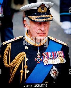 LONDON - King Charles III, William Prince of Wales, Harry Duke of Sussex, Anne the Princess Royal, Andrew Duke of York, Edward The Earl of Wessex, Queen Consort Camilla, Catherine Princess of Wales, Prince George of Wales, Princess Charlotte of Wales, Meghan Duchess of Sussex, Sophie Countess of Wessex attend the State Funeral of Queen Elizabeth II at Westminster Abbey, 19 September 2022. Photo: Patrick van Katwijk Stock Photo