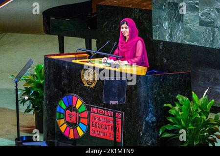 New York, USA. 19th Sep, 2022. Malala Yousafzai, 2014 Nobel Peace Prize Laureate, UN Messenger of Peace and co-founder, Malala Fund, addresses the Transforming Education Summit at the United Nations headquarters. Credit: Enrique Shore/Alamy Live News Stock Photo