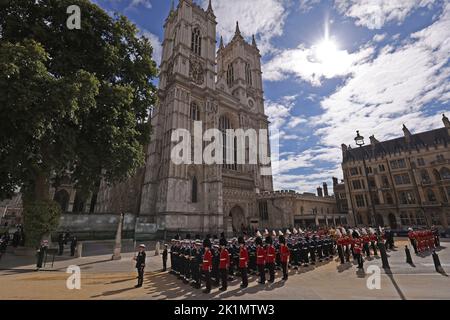 London, UK. 19th Sep, 2022. The State Gun Carriage carries the coffin of Queen Elizabeth II, draped in the Royal Standard with the Imperial State Crown and the Sovereign's orb and sceptre, in the Ceremonial Procession following her State Funeral at Westminster Abbey, in London, England, on Monday, September 19, 2022. Photo by UK Ministry of Defense/UPI Credit: UPI/Alamy Live News Stock Photo