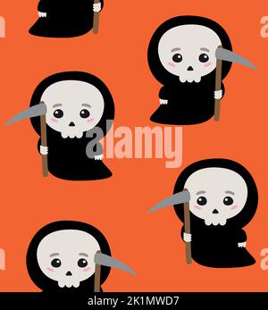 Vector seamless pattern of flat kawaii death isolated on orange background Stock Vector