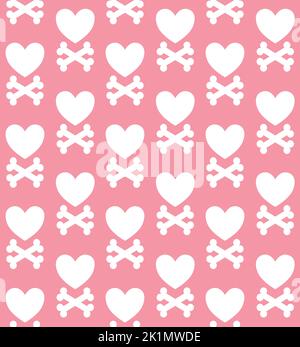 Vector seamless pattern of flat heart and crossed bones isolated on pink background Stock Vector