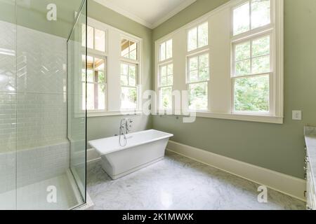 Sage green bathroom with dover white trim, standalone tub, shower enclosed with glass featuring herringbone brick painted in white, granite countertop Stock Photo