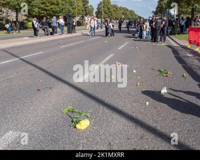 Flowers left on the road thrown at Queen Elizabeth II's passing hearse, London, UK on its way to her burial in St Georges Chapel, Windosor Castle, UK. Stock Photo