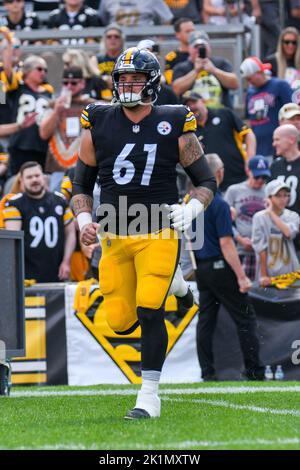 Pittsburgh Steelers center Mason Cole (61) and center J.C. Hassenauer (60)  walk off of the field at half-time during an NFL football game against the  Cleveland Browns, Thursday, Sept. 22, 2022, in