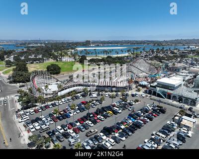 Aerial view of Belmont Park, an amusement park built in 1925 on the Mission Beach boardwalk, San Diego, California, USA. August 22nd, 2022 Stock Photo