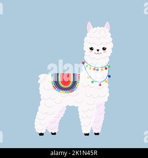 Funny llama isolated on blue background. Cute kawaii alpaca character. Cartoon flat style. illustration Stock Photo