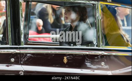 London UK 19th September 2022 Princess Eugenie and Princess Beatrice driven as they follow the coffin of Queen Elizabeth ll during the funeral