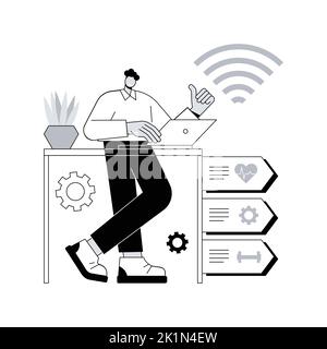 Health-focused IOT desks abstract concept vector illustration. IOT office desk, body activity tracking, working efficiency, health-focused environment, employee well-being abstract metaphor. Stock Vector