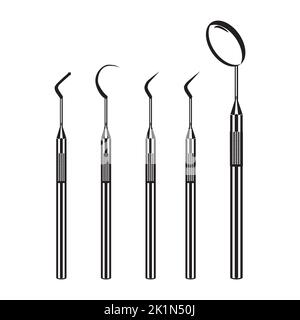 Dental tools black silhouettes. Dentist instrument mouth mirror, plugger, vector Stock Vector