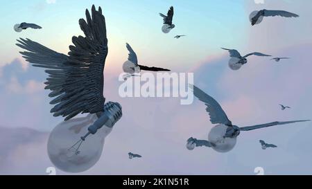 Winged ideas Flying light bulbs in cloudy sky 3D rendering Stock