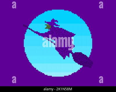 Witch is flying on a broom in pixel art style. Flying witch on the background of the moon in 8-bit 90s video game style in 2D. Design for applications Stock Vector