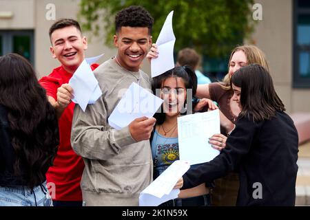 2022 GCSE results day in Manchester. Pictured celebrating their results success at Barlow RC High School in Didsbury. Stock Photo