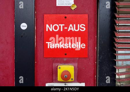 Sign, emergency stop, gas station, Berlin, Germany Stock Photo