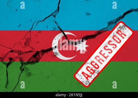 Flag azerbaijan with the inscription Aggressor, Aggressor country, azerbaijan aggressor, stop war in Armenia, flag azerbaijan with aggressor stamp, 3D Stock Photo