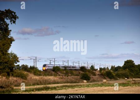 LNER London North Eastern Railway, British Rail Class 800 Intercity Express Train or Azuma in the countryside  Great Heck, Goole Stock Photo