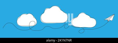 single line drawing of clouds in sky with paper plane, line art vector illustration Stock Vector