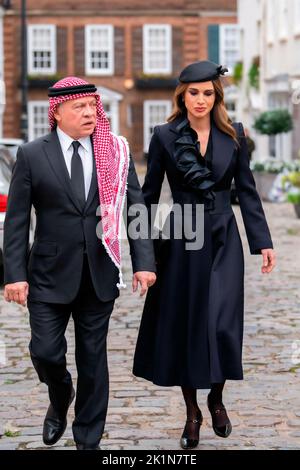 TM King Abdullah II and Queen Rania join world leaders in attending the state funeral of Queen Elizabeth II, held at Westminster Abbey in London, in the presence of King Charles III of the United Kingdom and members of the UK royal family, on September 19, 2022 Photo: Royal Hashemite Court/Albert Nieboer/Netherlands OUT/Point de Vue OUT Stock Photo
