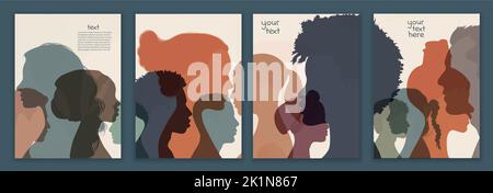 Template poster silhouette profile group of men and women of diverse cultures. Diversity multicultural people. Concept of racial equality anti-racism Stock Vector