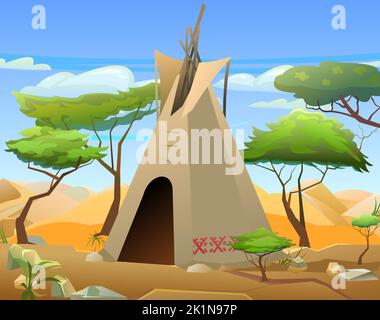 Indians wigwam hut made of felt and skins. Among trees. North American tribal dwelling. Traditional home of nomadic peoples. Vector Stock Vector
