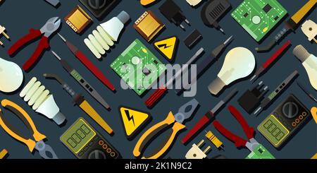 Tools for electrician. Repair of radio electronic and microprocessor equipment. Spare parts components and service. Seamless pattern. Vector. Stock Vector