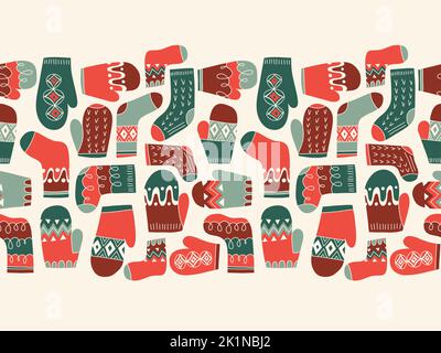 Colorful Retro Knitted Mittens and Socks Vector Seamless Pattern Horizontal Border Stock Vector