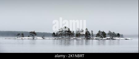 Panoramic view of late autumn landscape, first snow in the ground. Lake Pielinen, Eastern Finland. Stock Photo