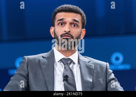 His Excellency Secretary General of the Supreme Committee for Delivery and Legacy Hassan Al THawadi in conversation with Reshmin Chowdhury at Concordia Summit at Sheraton Times Square in New York on September 19, 2022. (Photo by Lev Radin/Sipa USA)