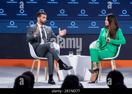 His Excellency Secretary General of the Supreme Committee for Delivery and Legacy Hassan Al THawadi in conversation with Reshmin Chowdhury at Concordia Summit at Sheraton Times Square in New York on September 19, 2022. (Photo by Lev Radin/Sipa USA)