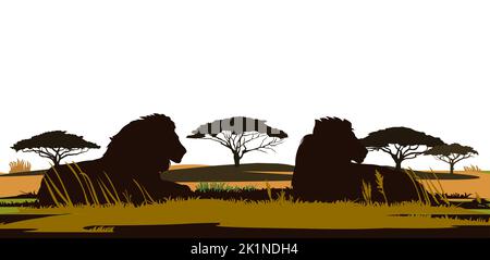 Lion and lioness. African savanna predator. Silhouette picture. Dangerous animal in natural conditions. Isolated on white background. Vector Stock Vector