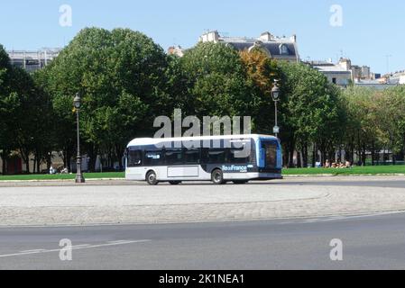 Paris, France. September 04. 2022. RATP electric bus. Public transport in the city. Stock Photo