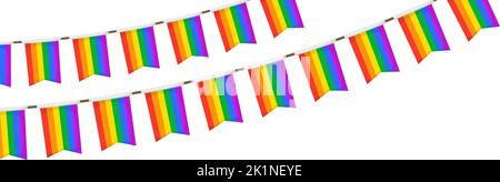 LGBT garland. Rainbow color pennants chain. Party bunting decoration. Celebration flags for pride decor. Footer and banner background Stock Vector