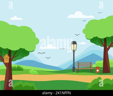 City park with trees, a bench and a lantern. Vector illustration Stock Vector