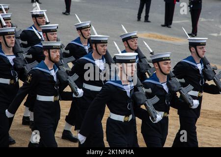 London, England. 19th September, 2022. Members of the Royal Navy took part in a procession for State Funeral of Queen Elizabeth II. The event was held in London and Windsor today and was one of the biggest the country has ever seen. Credit: Kiki Streitberger / Alamy Live News Stock Photo