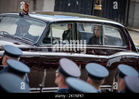 London, England. 19th September, 2022. The Queen's granddaughter Princess Beatrice leaves Westmister  Abbey following the state service for the State Funeral of her Majesty Queen Elizabeth II. The funeral was one of the biggest events the country has ever seen. Credit: Kiki Streitberger / Alamy Live News