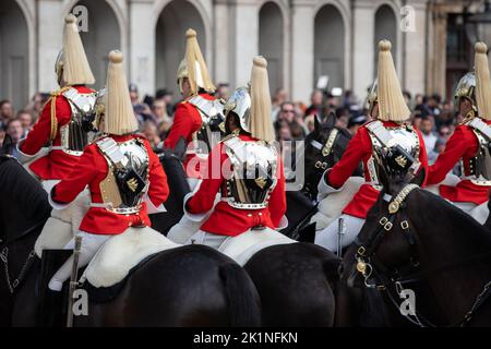 London, England. 19th September, 2022. The Royal Regiment of Horse Guards takes oart in the procession following the State Funeral of Queen Elizabeth II held in London and Windsor  today. It was one of the biggest events the country has ever seen. Credit: Kiki Streitberger / Alamy Live News Stock Photo