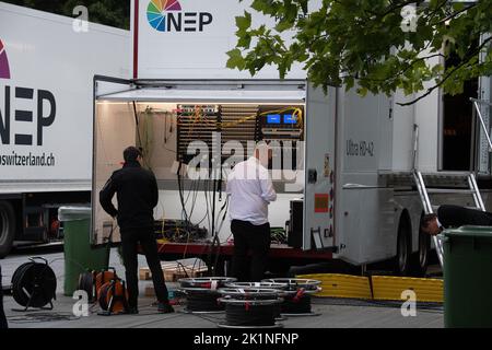Windsor, Berkshire, UK. 19th September, 2022. Television stations packing up their equipment after Her Majesty the Queen's Funeral. Credit: Maureen McLean/Alamy Live News Stock Photo