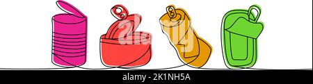 Set of Aluminium cans one line colored continuous drawing. Metal waste, tin can continuous one line colorful set illustration. Stock Vector