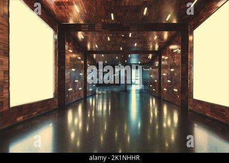 A long hall with reflections and brown wooden textured walls in a shopping mall or a modern airport terminal, or a railway station depot with mockups Stock Photo