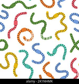 Colored earthworms seamless pattern. Curled worms background. Terrestrial annelids worms hand drawn pattern Stock Vector