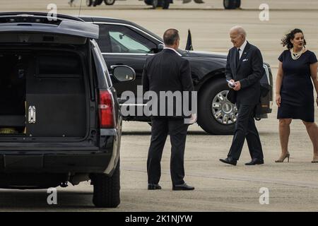 Washington, United States. 19th Sep, 2022. President Joe Biden walks to his limousine at Joint Base Andrews, Maryland, on Monday, September 19, 2022. Biden has announced that US military forces would defend Taiwan from 'an unprecedented attack,' as his administration seeks to deter China from increasing military pressure on the democratically elected government in Taipei. Photo by Samuel Corum/UPI Credit: UPI/Alamy Live News Stock Photo