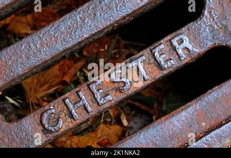 Embossed cast iron grid, grate, drain cover - Chester Stock Photo