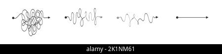 Set of chaotic lines in untangled process. Complex problem solution concept. Way from difficult to easy. Brain work with new idea. Complexity and simplicity signs. Vector graphic illustration Stock Vector