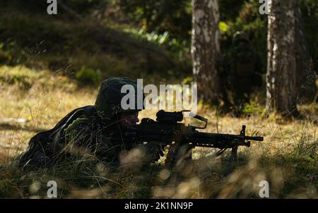 A Swedish Marine automatic rifleman with 2d Swedish Marine Battalion provides security while conducting a bilateral demolition range during exercise Archipelago Endeavor (AE22) at Berga Naval base, Sweden, Sept. 15, 2022. AE22 is an integrated field training exercise that increases operational capability and enhances strategic cooperation between the U.S. Marines and Swedish forces. (U.S. Marine Corps photo by Lance Cpl. Aziza Kamuhanda) Stock Photo