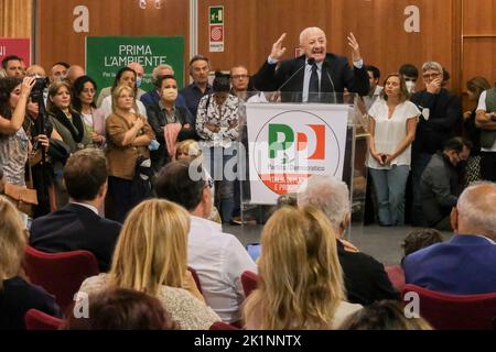 Campania Governor Vincenzo De Luca speaks during the Democratic Party election campaign in the presence of National Secretary Enrico Letta towards the 25 September vote Stock Photo
