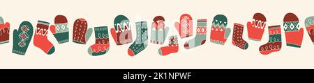 Colorful Retro Knitted Mittens and Socks Vector Seamless Pattern Horizontal Border Stock Vector
