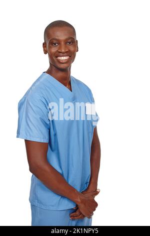 Hes a renowned surgeon. Studio shot of a young doctor in blue scrubs. Stock Photo