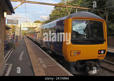 EMU 323230 at Broadbottom railway station,Market Street, Broadbottom, Greater Manchester, England, UK, SK14 6AX Stock Photo