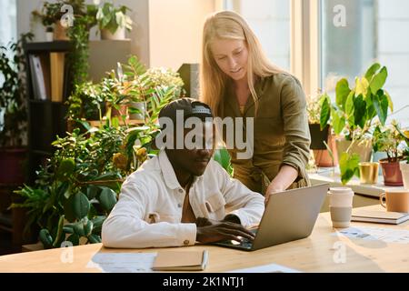 Young blond woman explaining points of presentation to African American male colleague while pointing at laptop screen Stock Photo