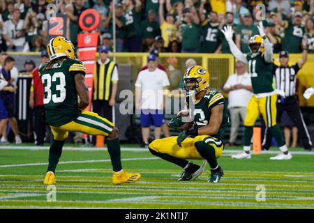 Green Bay, WI, USA. 10th Nov, 2019. Green Bay Packers wide receiver Allen  Lazard #13 celebrates with Green Bay Packers inside linebacker Oren Burks  #42 during the NFL Football game between the